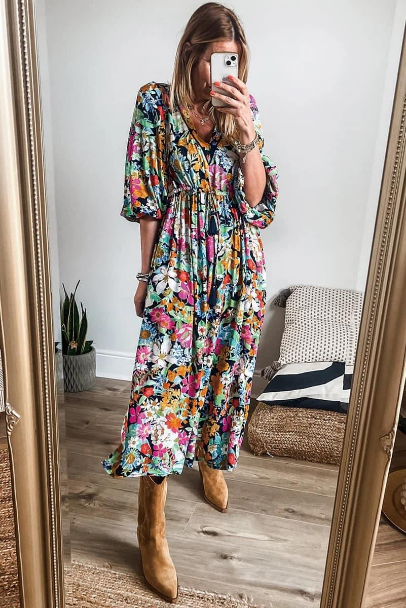 Colorful Floral Cinch Waist Midi Dress