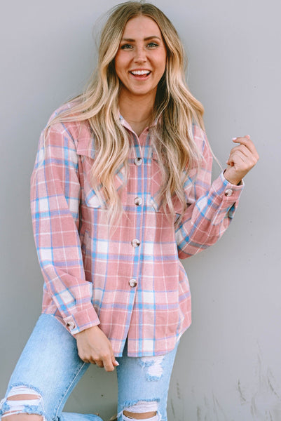 Pink Plaid Button Up Shacket with Flap Pockets and Slant Pockets