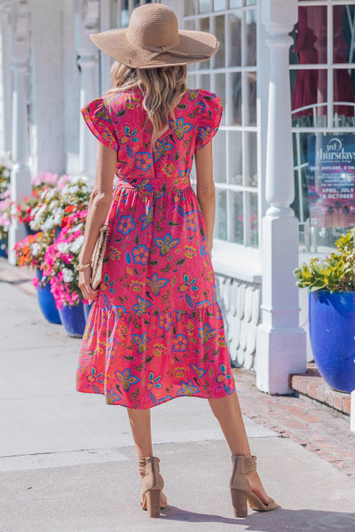 Rose Pink Floral Ruffle Sleeve Belted Midi Dress