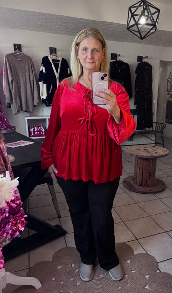 Curvy Red Velvet Tie Front Long Sleeve Peplum Top