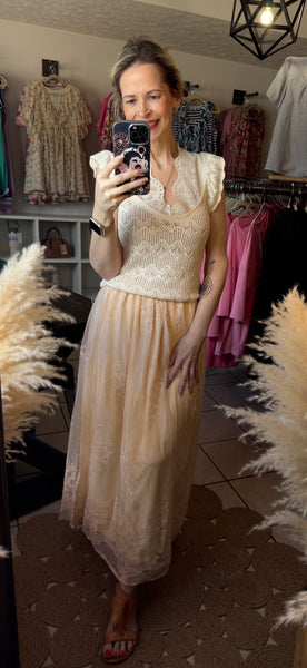 Beige Floral Embroidered Fully Lined Boho Maxi Skirt