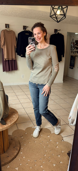 Sage Green Mixed Material Patchwork Long Sleeve Top with Lace Trim