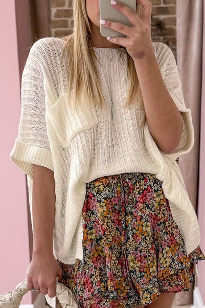 Oversized Ivory Lightweight Summer Sweater with Rolled Cuffs and Side Slits