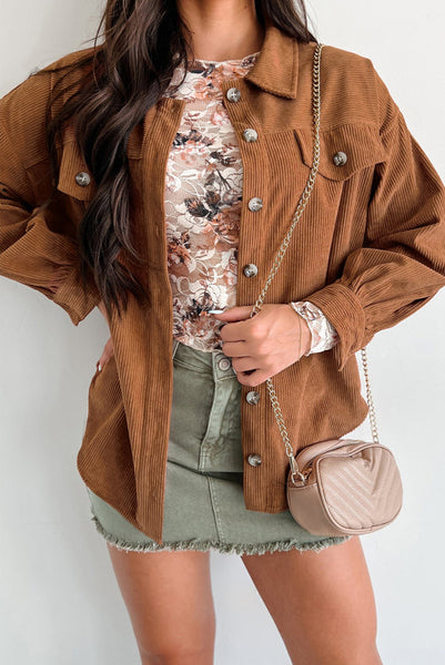 Brown Corduroy Shacket with Flap Pockets