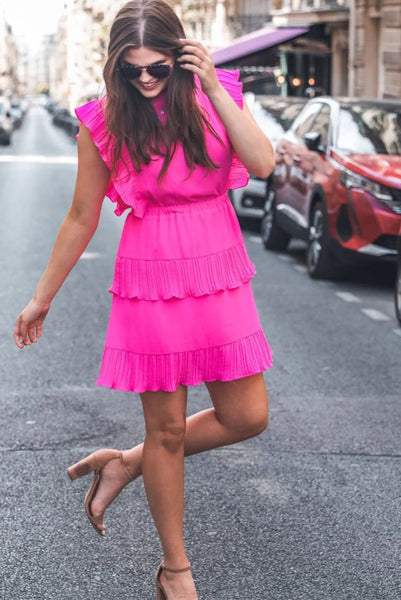 Bright Rose Pink Dress with Pleated Layers