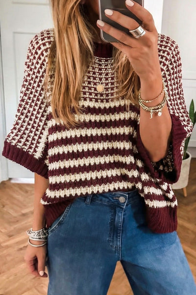 Red Dahlia Striped Colorblock 3/4 Draped Sleeve Relaxed Sweater