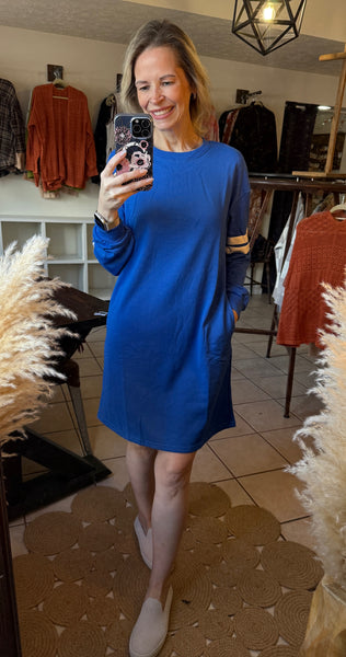 Royal Blue Shift Sweatshirt Dress with Sleeve Contrasting Varsity Stripes and Pockets
