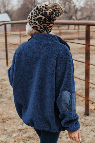 Dark Blue Fuzzy Sherpa Zip Up Jacket with Chest Pocket