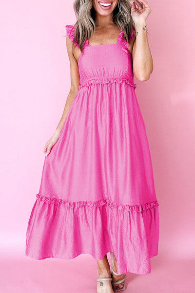 Strawberry Pink Ruffle Trim Midi Dress
