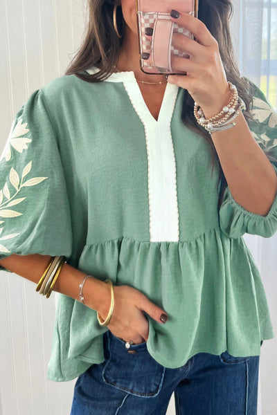 Sage Green and Contrast Trim Peplum Top with Embroidered Sleeves