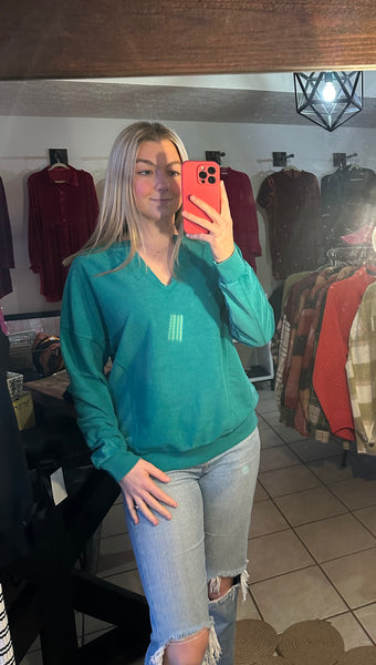 Teal Drop Shoulder Pullover with Notch V-neck