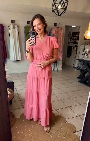 Pink V-Neck Puff Short Sleeve Maxi Dress