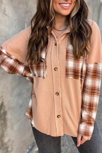 Waffle Knit and Plaid Patchwork Button Up Hooded Long Sleeve Top