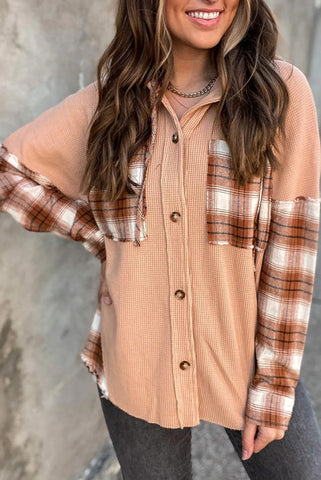 Waffle Knit and Plaid Patchwork Button Up Hooded Long Sleeve Top