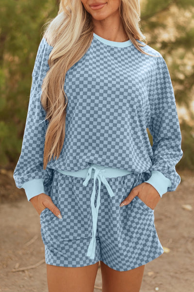Blue Checkered Long Sleeve Top and Shorts Set