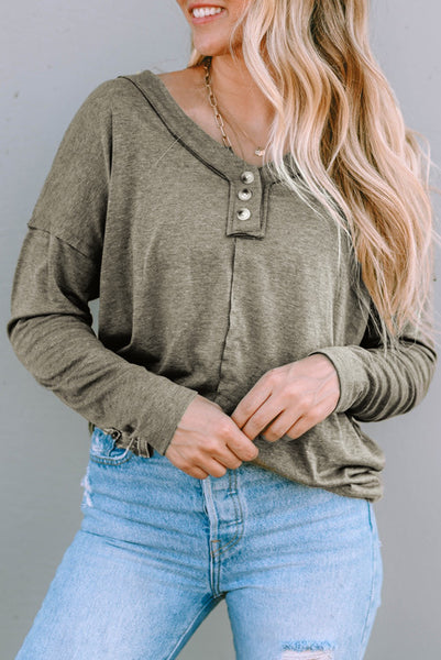 Olive Green Henley Long Sleeve Top