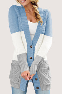 Blue Colorblock Longer Length Button Up Cardigan