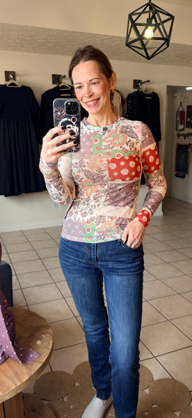 Mixed Floral Print Patchwork Sheer Mesh Top