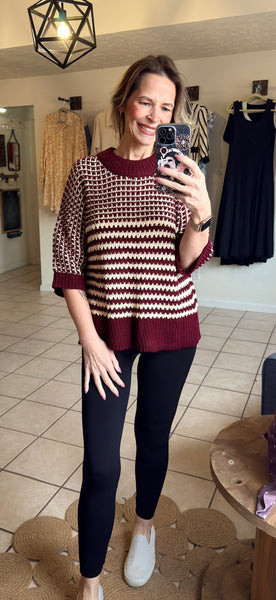 Red Dahlia Striped Colorblock 3/4 Draped Sleeve Relaxed Sweater
