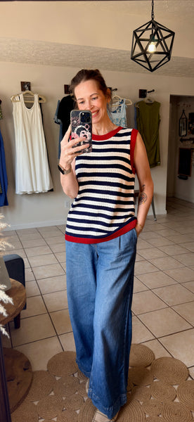 Navy Stripe Pointelle Knit with Red Contrast Trim Sleeveless Sweater Knit Top - Lightweight