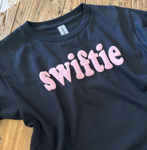 Swiftie Pink Puff Lettering on Black Tee - Youth Sizing