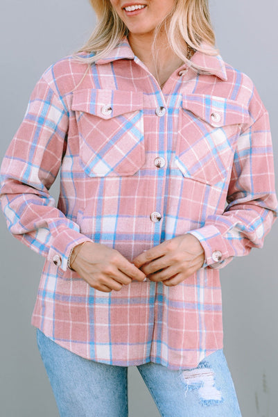 Pink Plaid Button Up Shacket with Flap Pockets and Slant Pockets