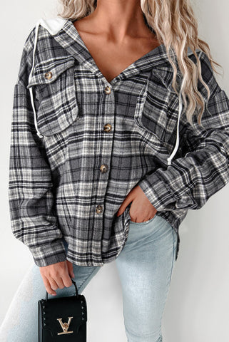 Black and White Plaid Hooded Shacket