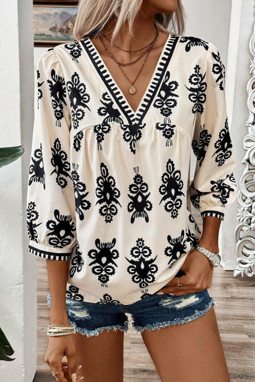 Vintage Print V-neck Top