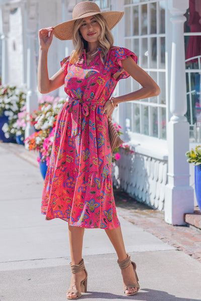 Rose Pink Floral Ruffle Sleeve Belted Midi Dress