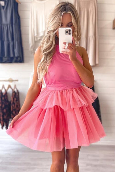 Strawberry Pink Halter Bodice Dress with Layered Tulle Skirt