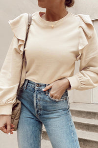 Beige Long Sleeve Top with Ruffle Shoulder Details