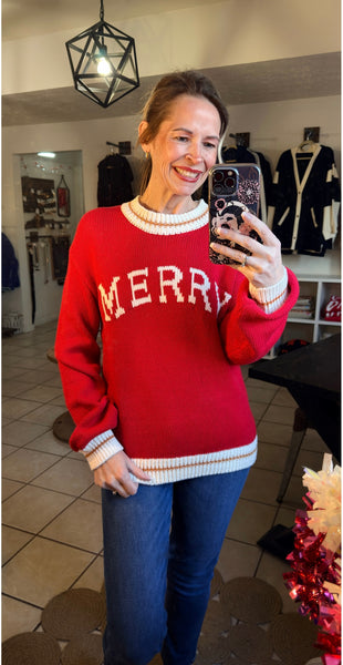 Cozy Red MERRY Sweater with Colorblock Contrast Trim