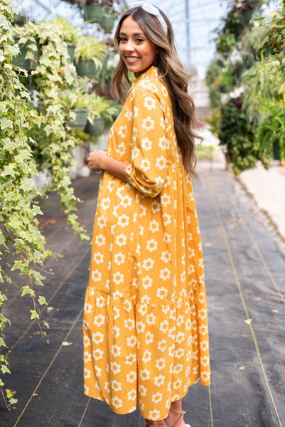 Yellow Floral Boho 3/4 Length Sleeve Dress