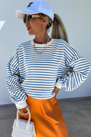 Blue and White Striped Loose Fitting Pullover