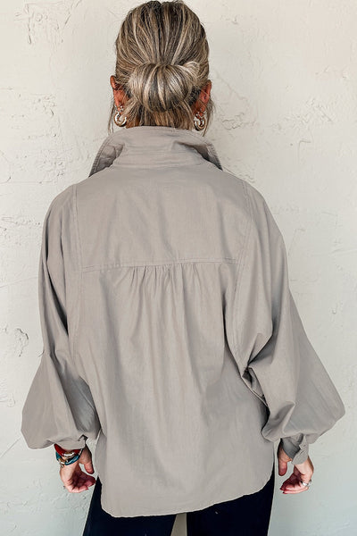 Gray Balloon Sleeve Button Up Top
