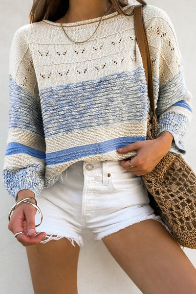 Blue and Cream Open Knit Drop Shoulder Sweater