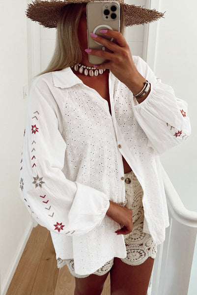 Eyelet Lace Top with Embroidered Sleeves