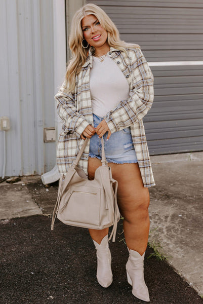 Curvy Cream and Blue Plaid Longer Length Shacket