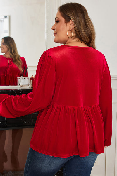 Curvy Red Velvet Tie Front Long Sleeve Peplum Top