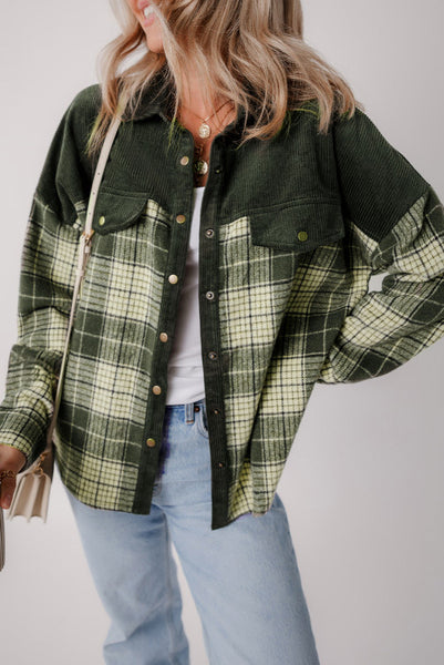 Green Plaid and Corduroy Snap Up Shacket