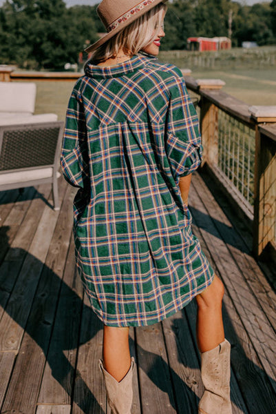 Green Plaid Short Sleeve Tunic Top