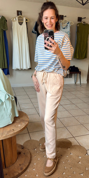 Beige Lounge Pants with Embroidered Pockets