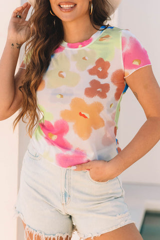 Colorful Floral Sheer Mesh Short Sleeve Top