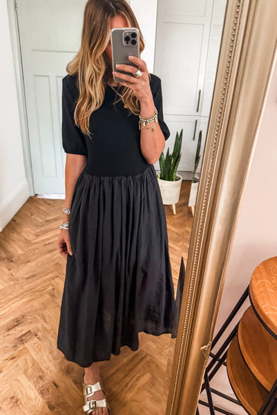 Black Short Sleeve Knit Top Patchwork Maxi Dress
