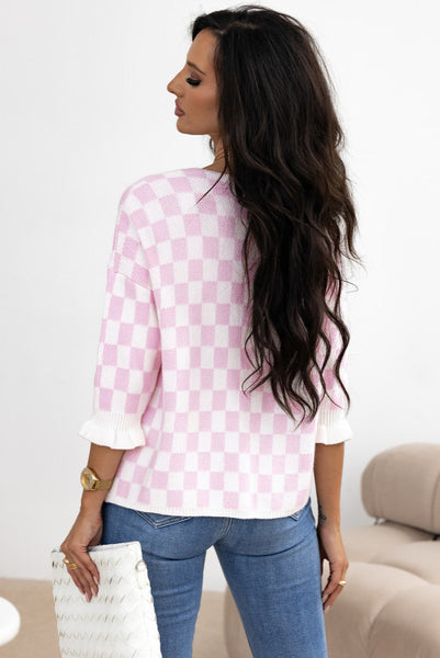 Super Soft Pink Checkered Tie Front Sweater Knit Cardigan