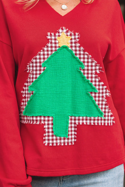Red Notch V-Neck Layered Patchwork Christmas Tree Sweatshirt Pullover