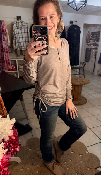 Heathered Gray Long Sleeve Side Drawstring Top