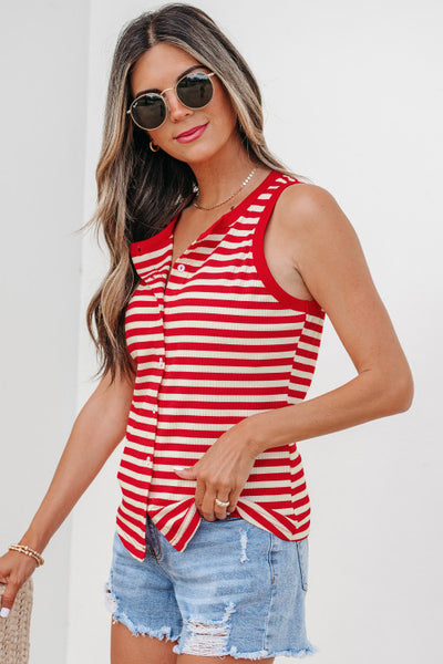 Red and Cream Striped Ribbed Button Up Tank Top