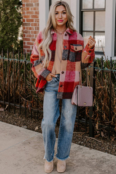 Curvy Maroon Plaid Fuzzy Button Up Shacket