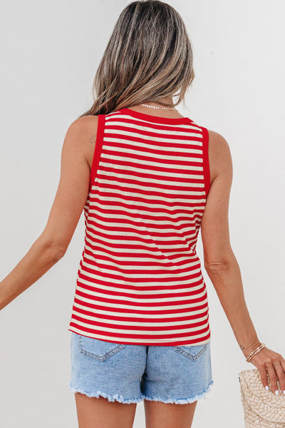 Red and Cream Striped Ribbed Button Up Tank Top